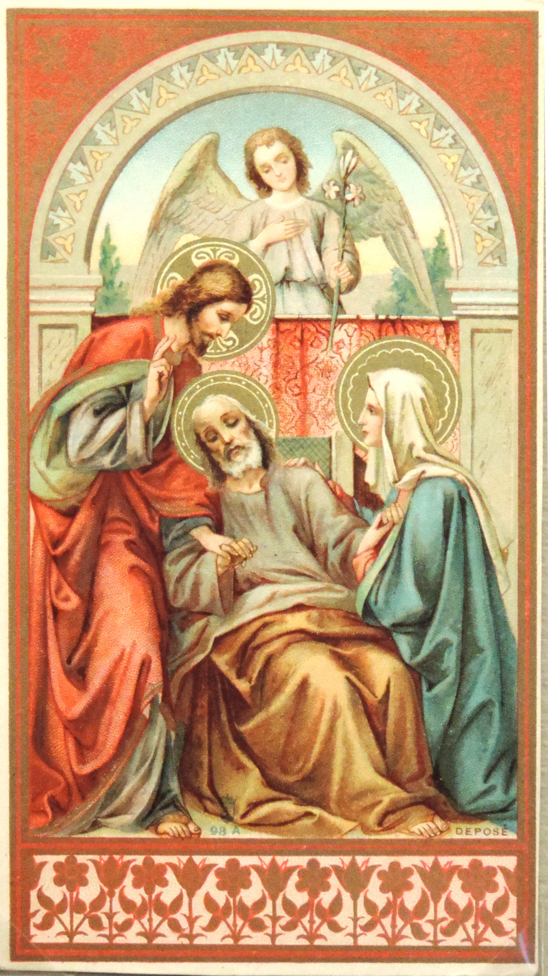 San José moribundo asistido por jesús y su esposa María. Cromolitografía